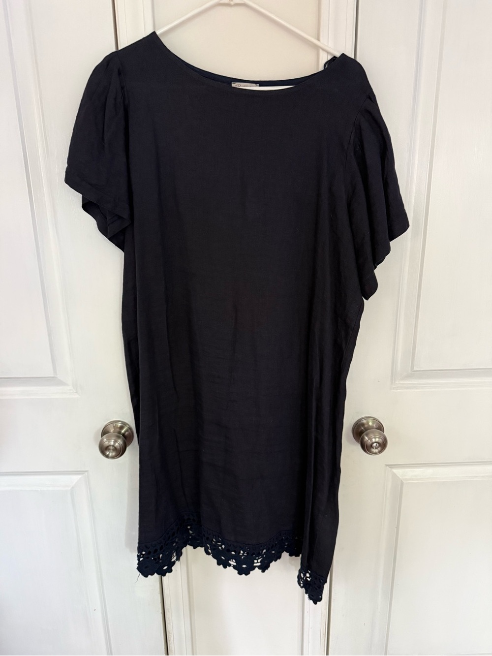 Women's Navy Linen Shift Dress with Crochet Hem and Flutter Sleeves
